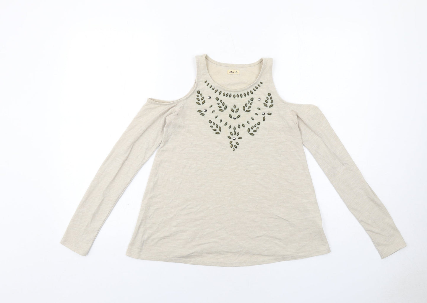 Hollister Womens Beige Polyester Basic T-Shirt Size XS Round Neck - Cold Shoulder