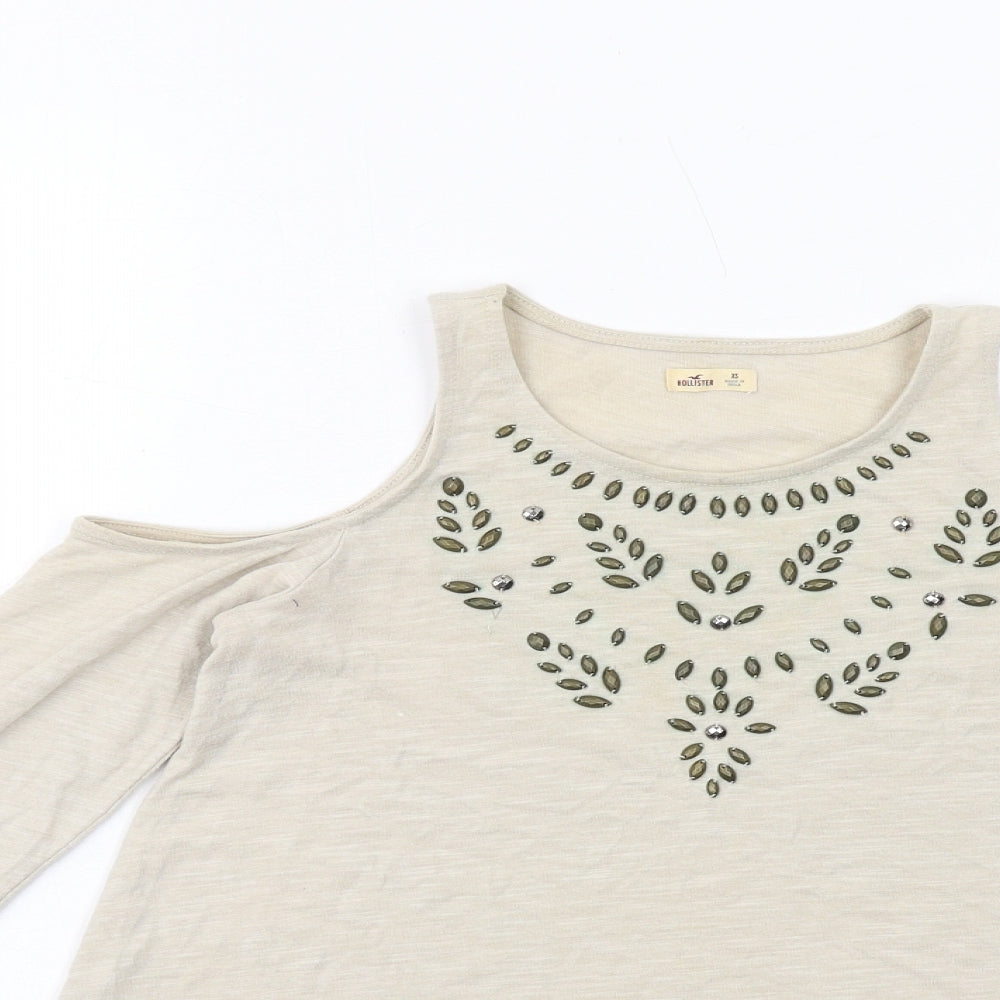 Hollister Womens Beige Polyester Basic T-Shirt Size XS Round Neck - Cold Shoulder