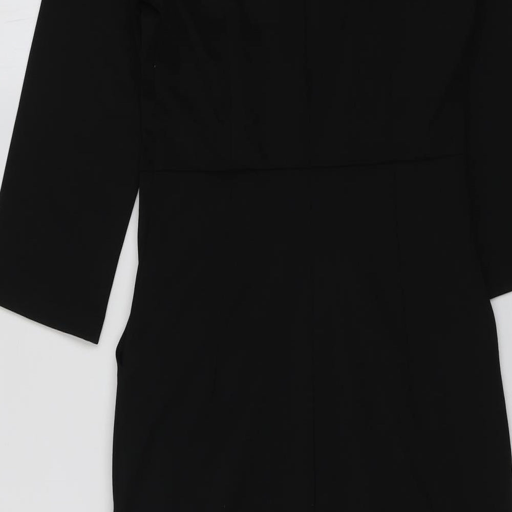 Brand and care label for ICHI women’s black polyester a-line, size S, round neck zip