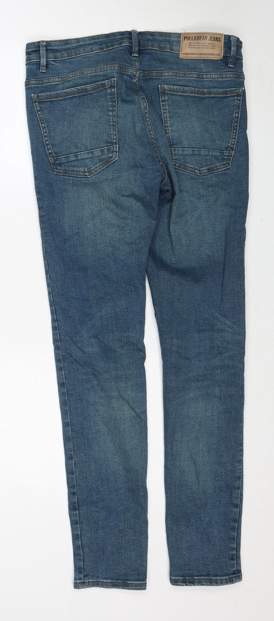 Pull&Bear Mens Blue Cotton Skinny Jeans Size S Slim Zip