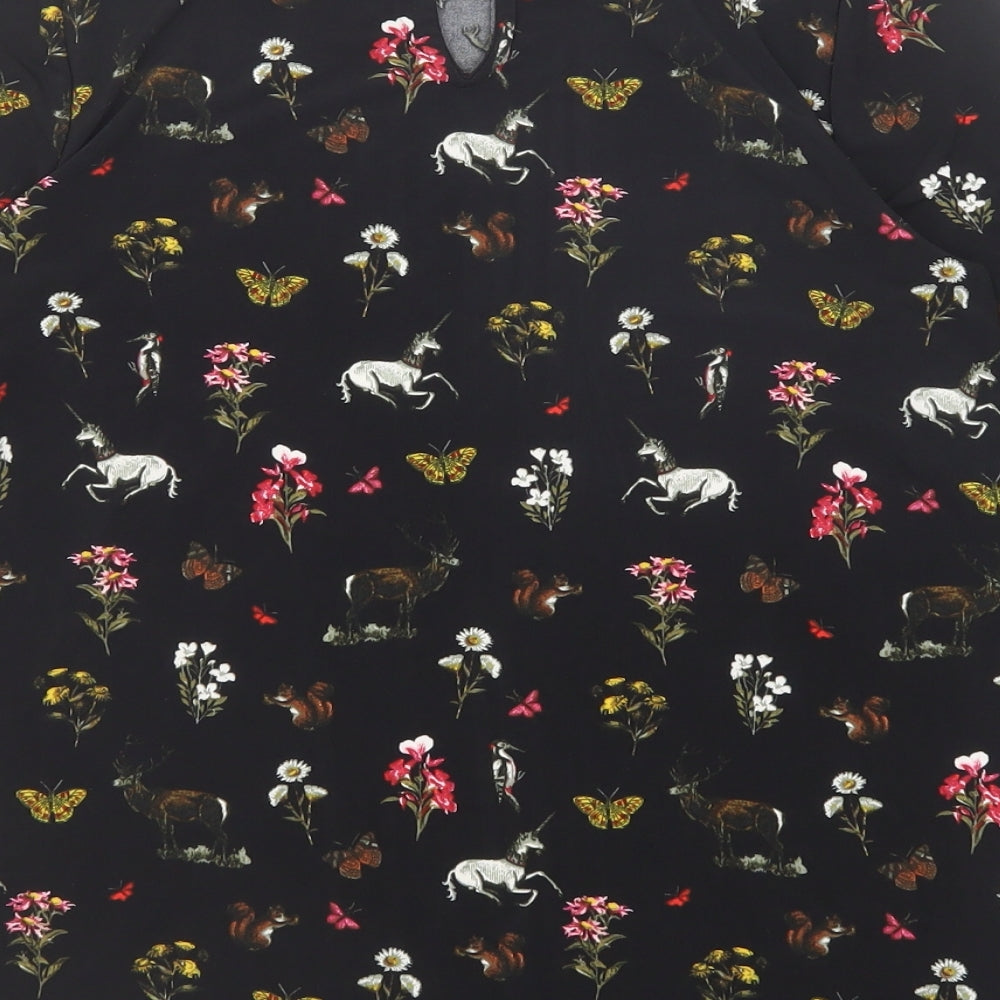 Oasis Womens Black Geometric Polyester Basic Blouse Size XS Round Neck - Flowers and Unicorn Print