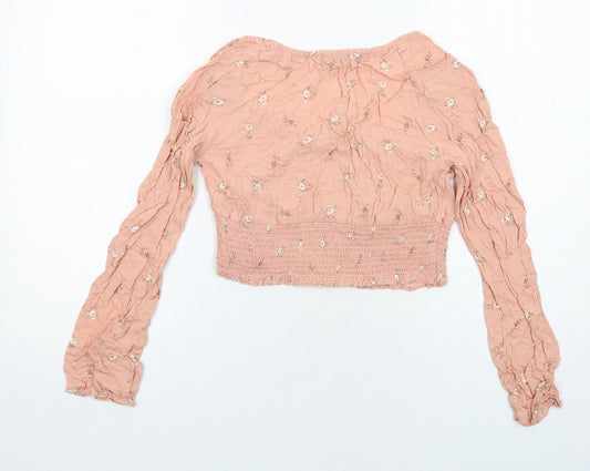 Hollister Womens Pink Floral Viscose Cropped Blouse Size S Scoop Neck