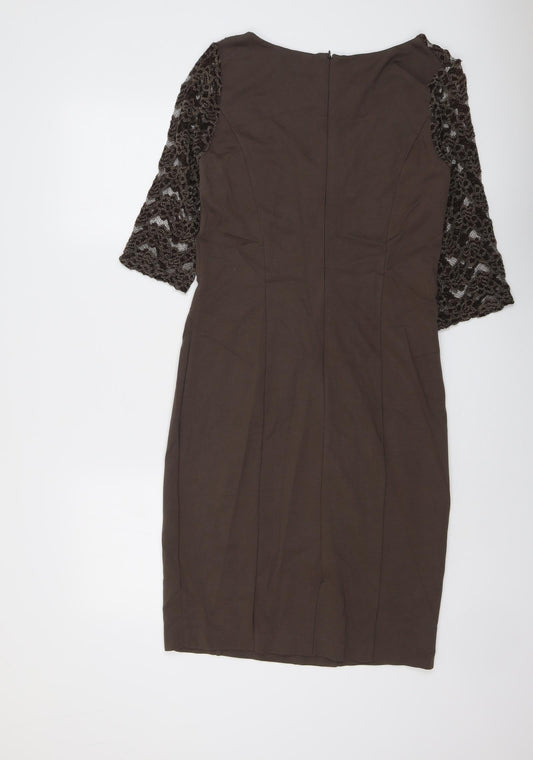 HEINE Womens Brown Floral Viscose A-Line Size 14 Round Neck Zip