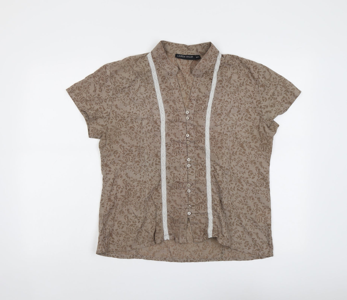 Lauren Taylor Womens Brown Geometric Cotton Basic Button-Up Size M V-Neck