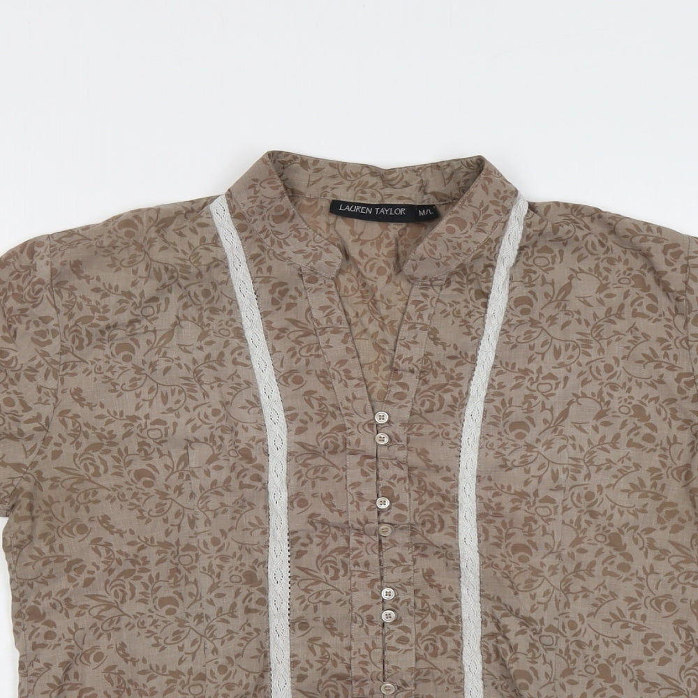 Lauren Taylor Womens Brown Geometric Cotton Basic Button-Up Size M V-Neck