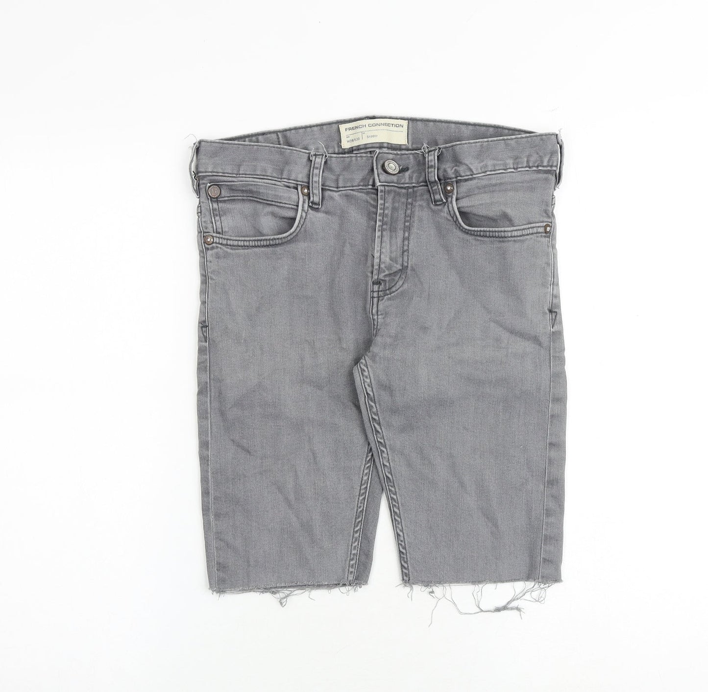 French Connection Mens Grey Cotton Chino Shorts Size 28 in Slim Zip - Frayed Hem