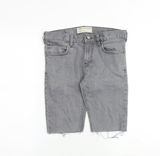 Additional front view of French Connection men’s grey cotton chino shorts, size 28, in slim zip - frayed hem