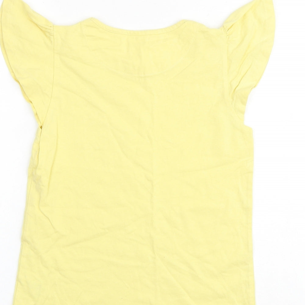 Brand and care label for John Lewis girls’ yellow 100% cotton basic tank, size 11, years round neck pullover