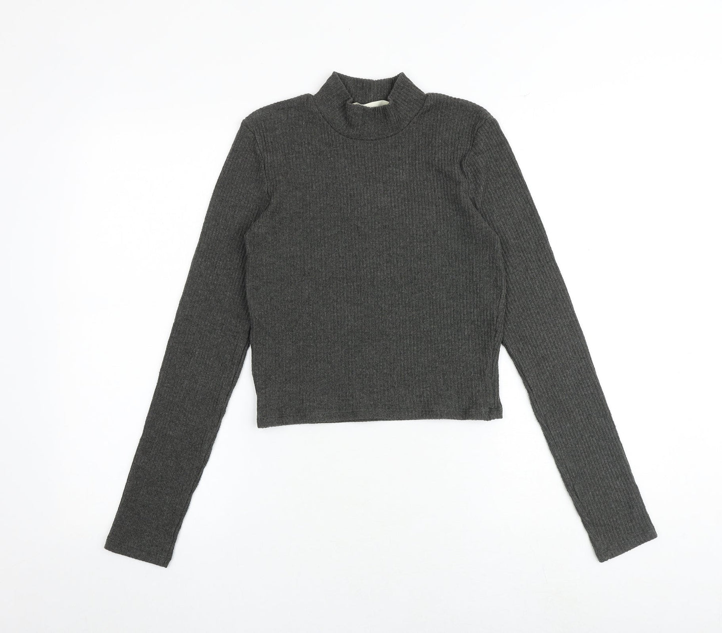 Pull&Bear Womens Grey Polyester Basic T-Shirt Size S Mock Neck