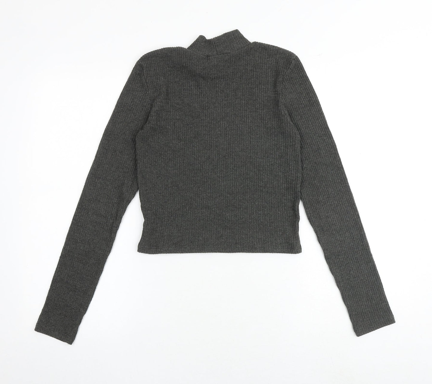 Pull&Bear Womens Grey Polyester Basic T-Shirt Size S Mock Neck