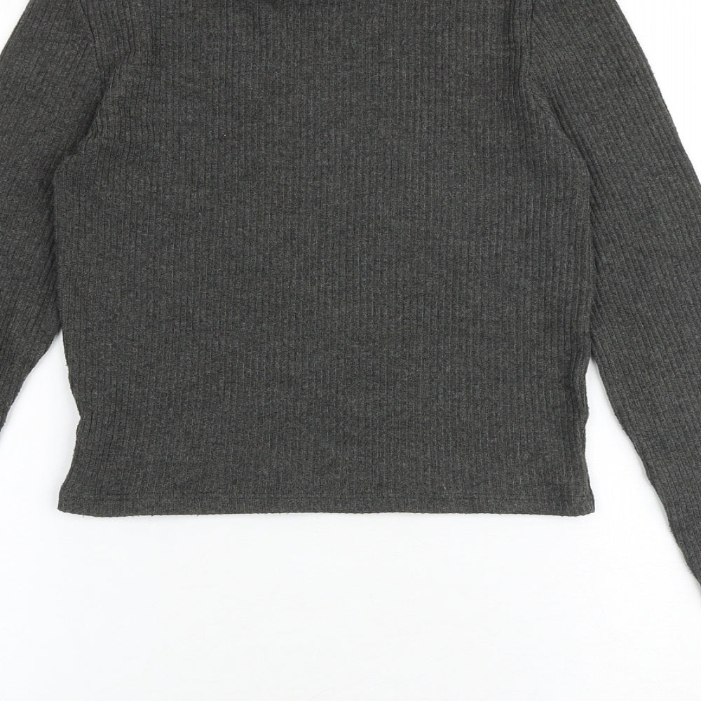 Pull&Bear Womens Grey Polyester Basic T-Shirt Size S Mock Neck