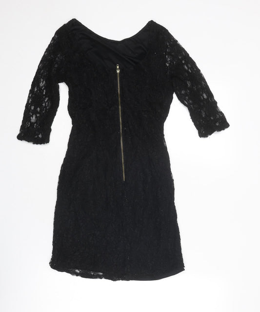 Warehouse Womens Black Floral Viscose A-Line Size 10 Round Neck Zip