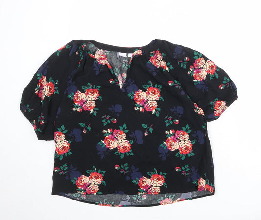Gap Womens Black Floral Viscose Basic Blouse Size M V-Neck