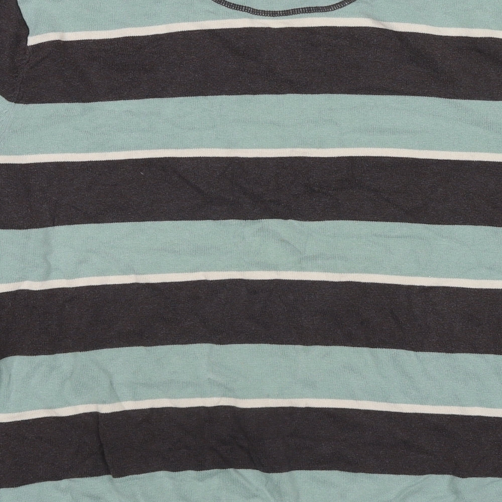 Brand and care label for Atlantic Bay men’s grey v-neck striped cotton jumper, size XL, long sleeve