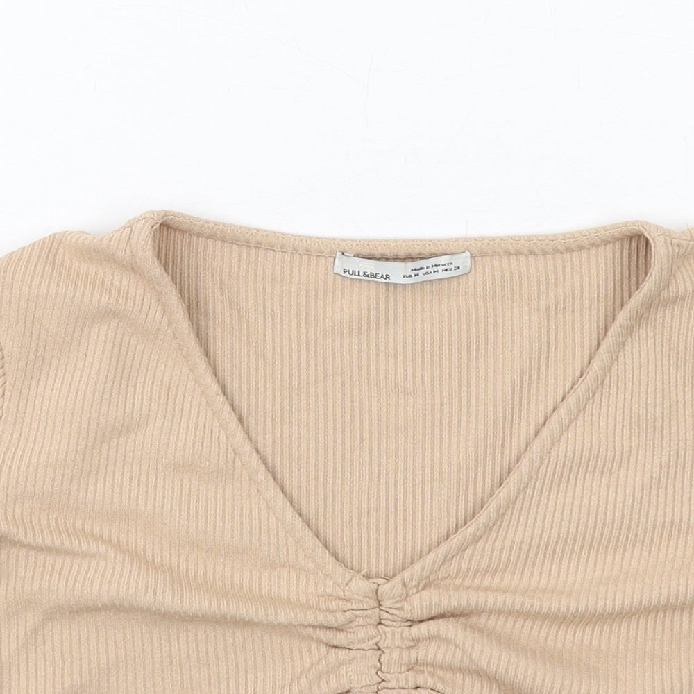 Pull&Bear Womens Beige Viscose Cropped T-Shirt Size M V-Neck - Drawstring