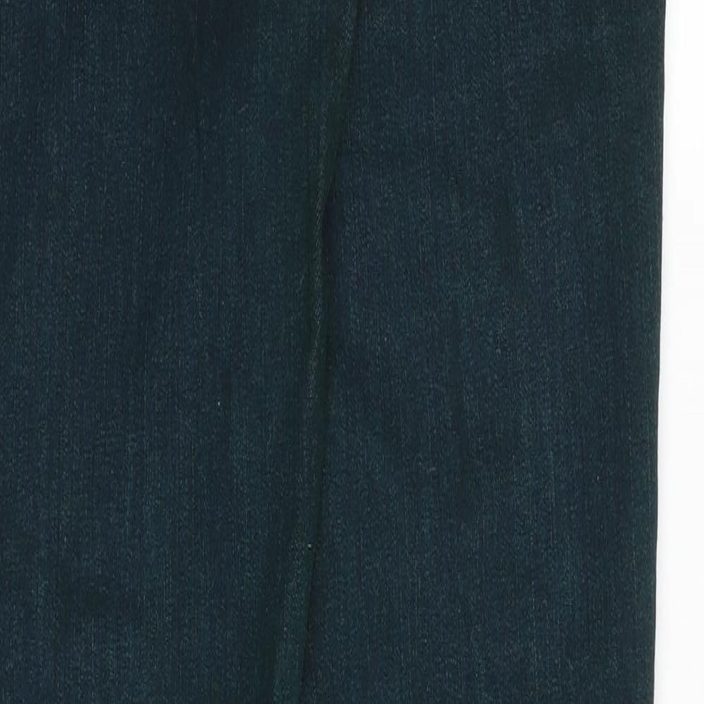 Brand and care label for EDC women’s green cotton skinny jeans, size UK 28, in, 32-inch leg regular zip