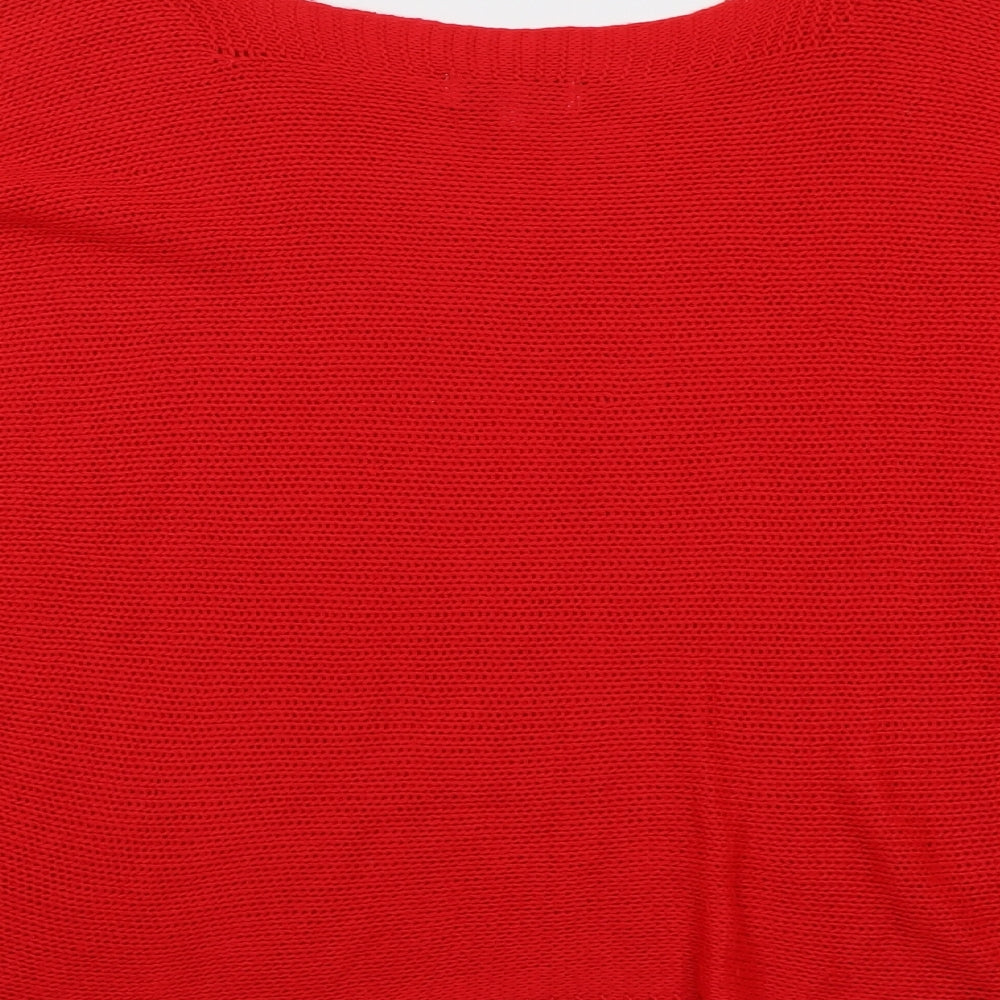 Brand and care label for Isabella D. women’s red round neck acrylic jumper, size M