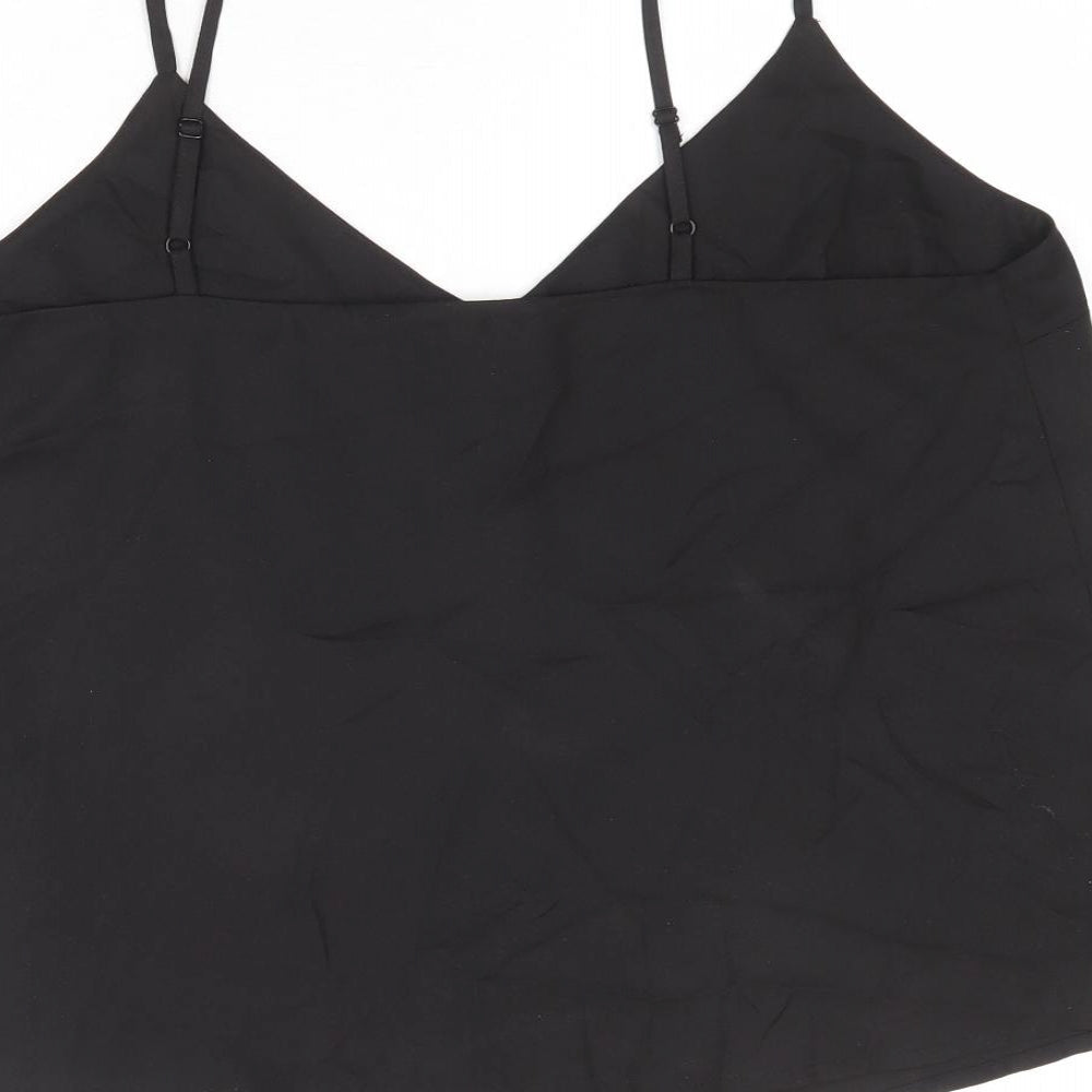 Brand and care label for ASOS women’s black polyester camisole tank, size UK 16, v-neck