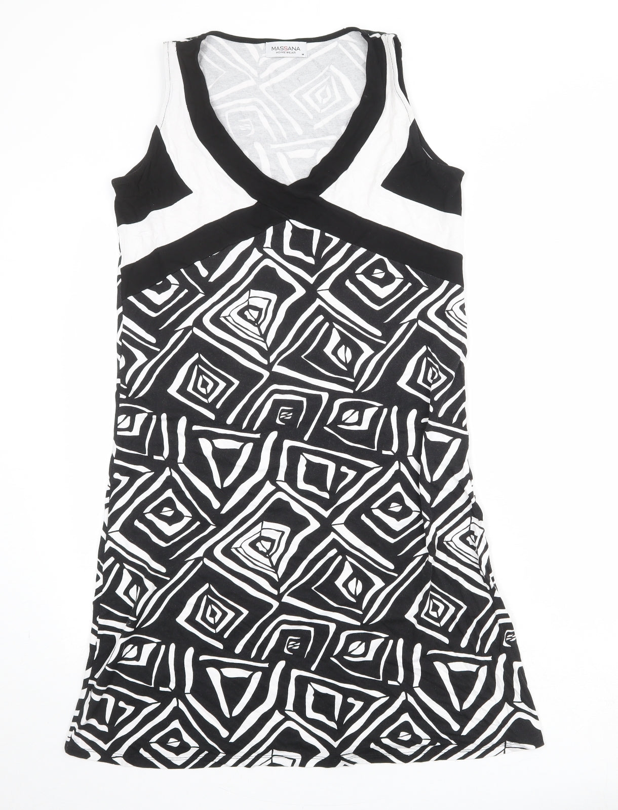 Massana Womens Black Geometric Viscose A-Line Size M V-Neck Pullover