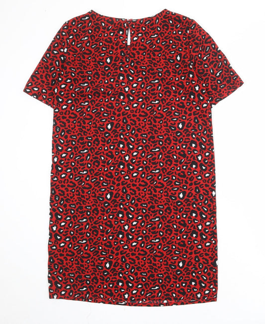 VILA Womens Red Animal Print Polyester T-Shirt Dress Size S Round Neck Button - Leopard pattern