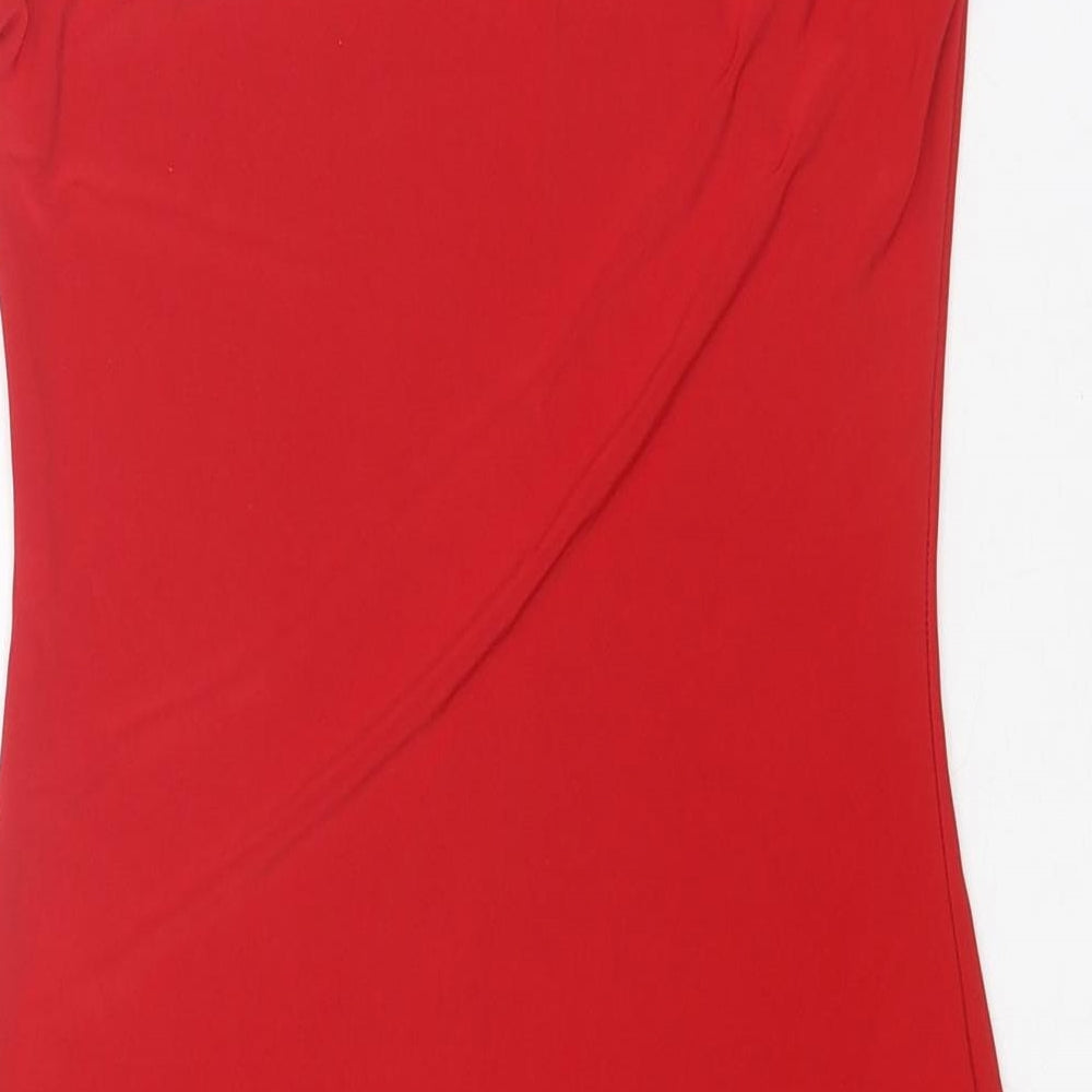 Brand and care label for Missguided women’s red polyester mini, size UK 8, one shoulder pullover - asymmetric neckline