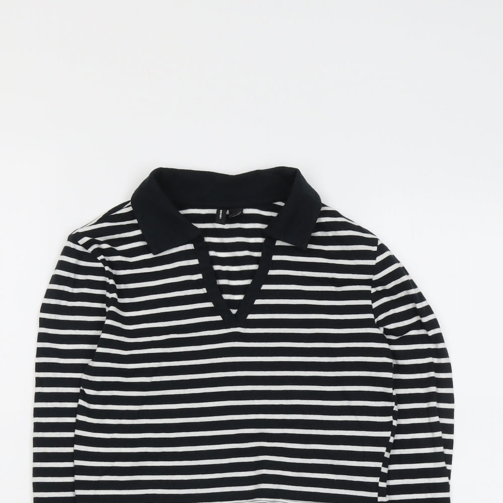 VERO MODA Womens Black Striped Cotton Cropped T-Shirt Size XS Collared