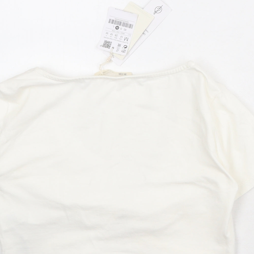 Stradivarius Womens Ivory Cotton Cropped T-Shirt Size M V-Neck - Twist Front Detail