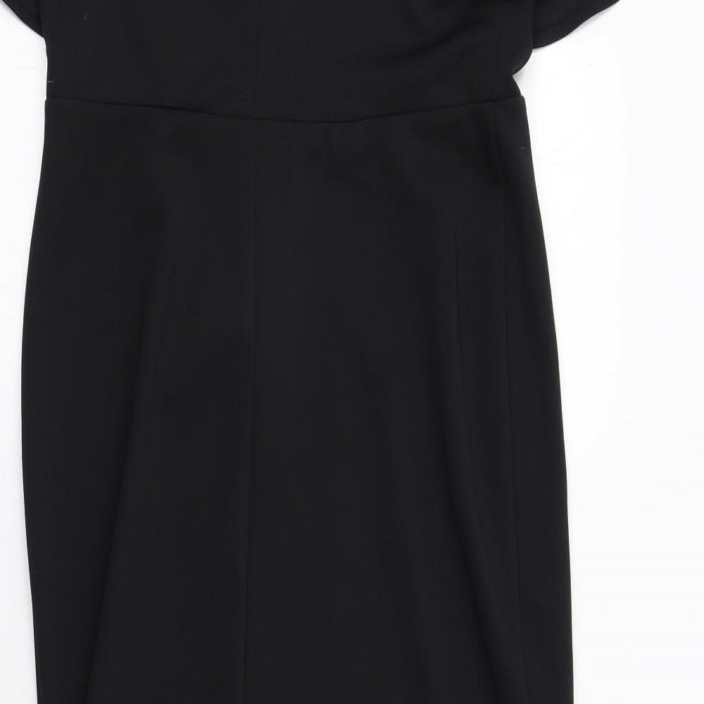 Brand and care label for ASOS women’s black polyester mermaid, size UK 14, square neck pullover - cold shoulder