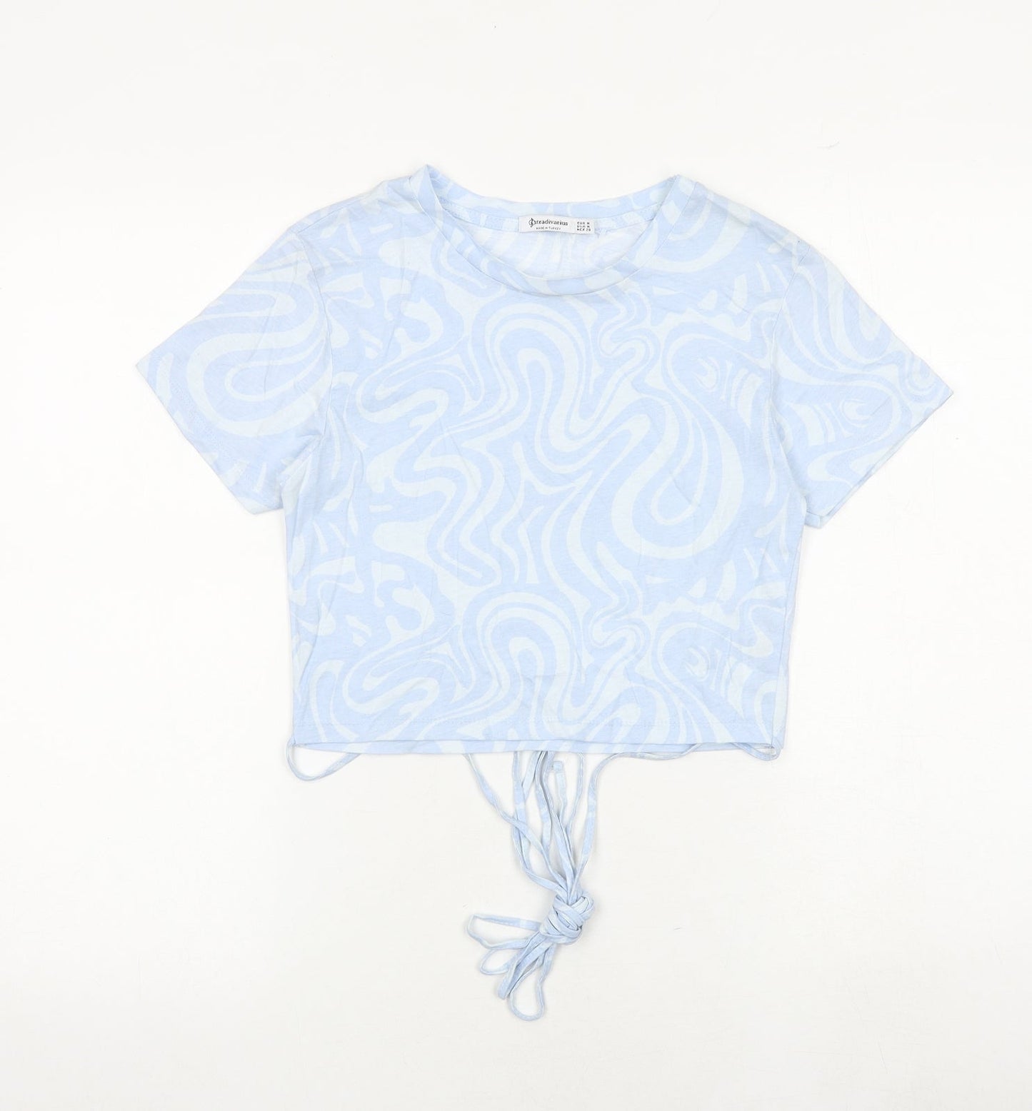 Stradivarius Womens Blue Geometric 100% Cotton Cropped T-Shirt Size M Round Neck - Tie Detail