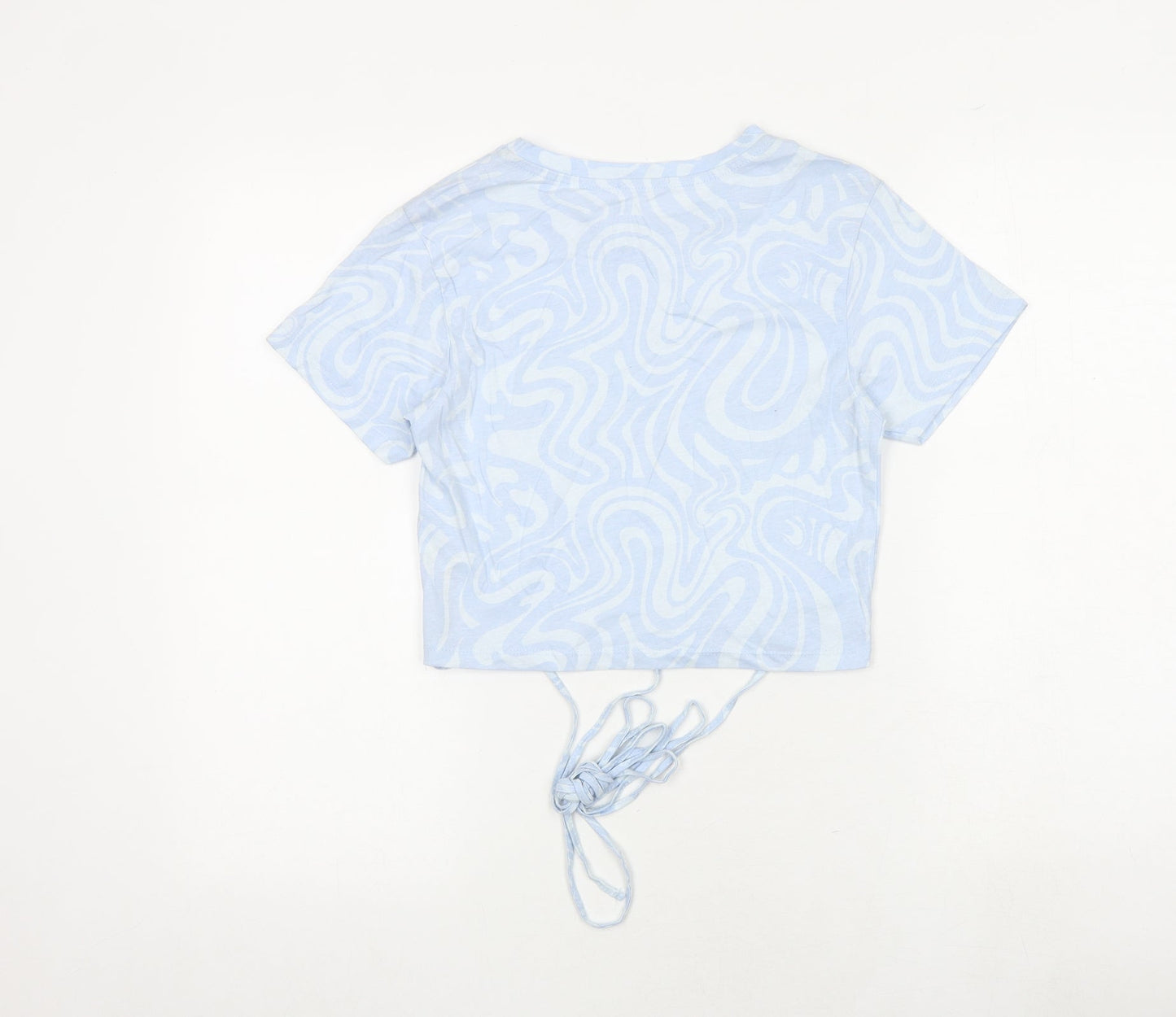 Stradivarius Womens Blue Geometric 100% Cotton Cropped T-Shirt Size M Round Neck - Tie Detail
