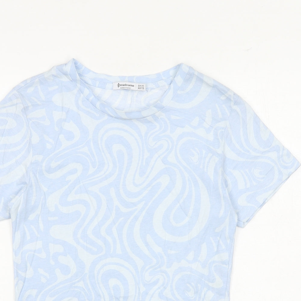 Stradivarius Womens Blue Geometric 100% Cotton Cropped T-Shirt Size M Round Neck - Tie Detail