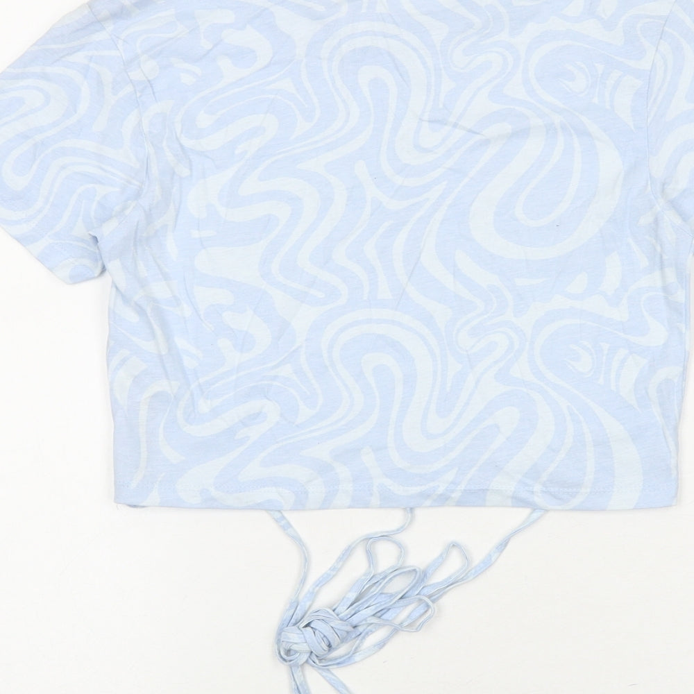 Stradivarius Womens Blue Geometric 100% Cotton Cropped T-Shirt Size M Round Neck - Tie Detail