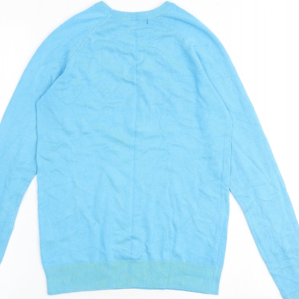 Brand and care label for Dunnes women’s blue round neck viscose jumper, size S