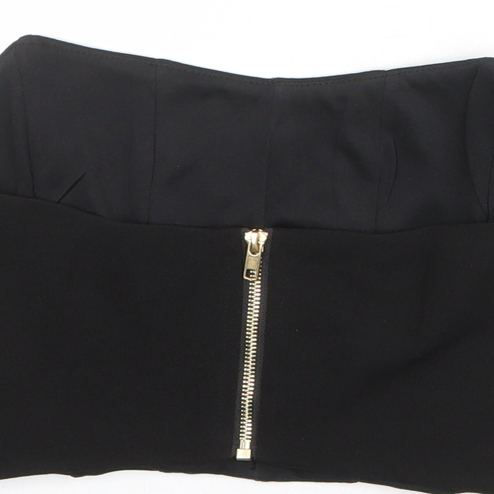 Brand and care label for Nasty Gal girls’ black polyester cropped tank, size S, sweetheart zip