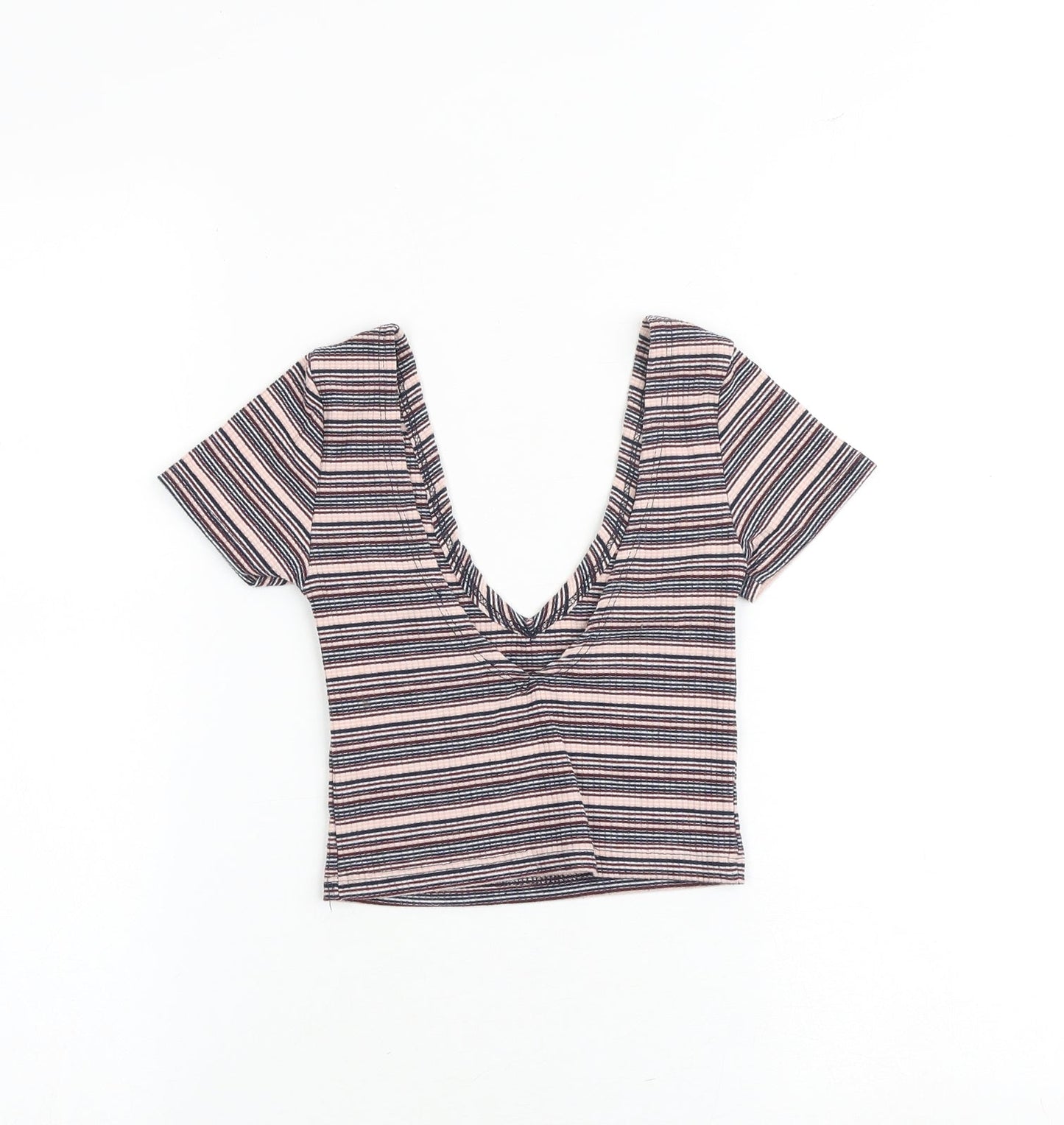 Pull&Bear Womens Multicoloured Striped Cotton Cropped Tank Size XS V-Neck