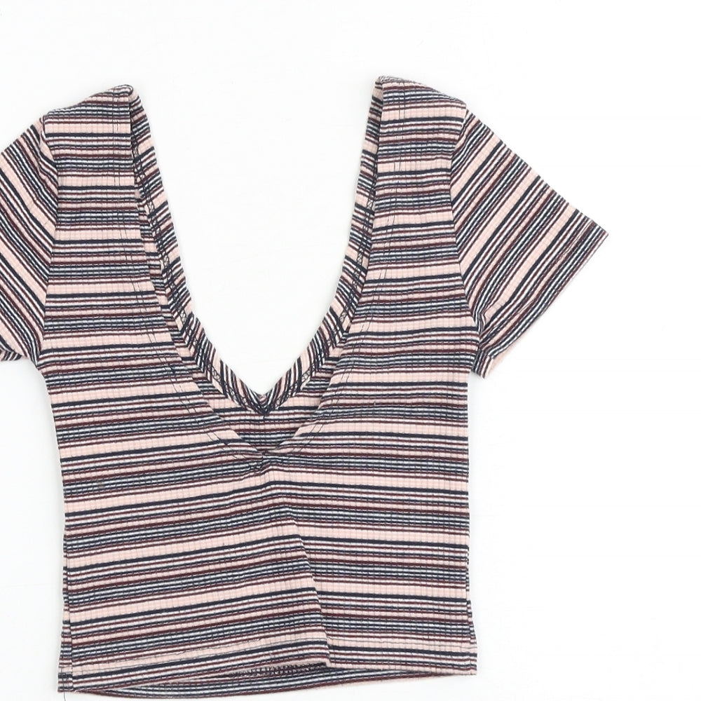 Pull&Bear Womens Multicoloured Striped Cotton Cropped Tank Size XS V-Neck