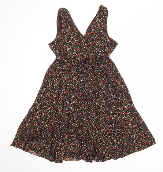 Sugar Reef Womens Brown Floral Polyester Fit & Flare Size 10 V-Neck Pullover