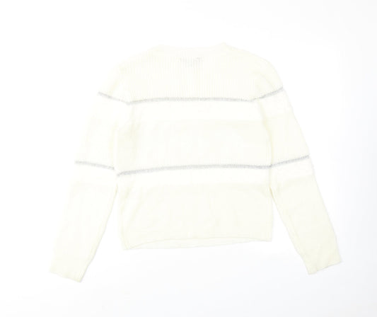 About Womens Ivory Round Neck Striped Acrylic Pullover Jumper Size S