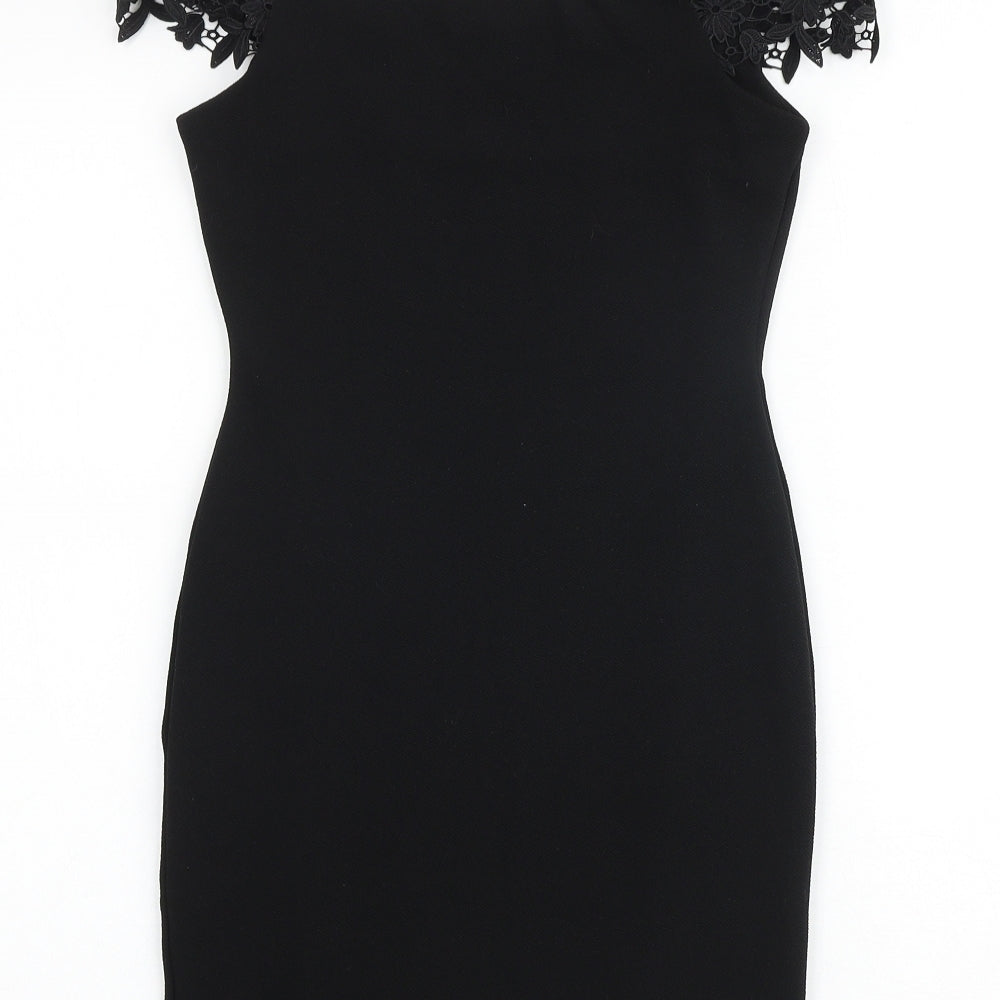 Brand and care label for Miss Selfridge women’s black polyester bodycon, size UK 4, off the shoulder pullover