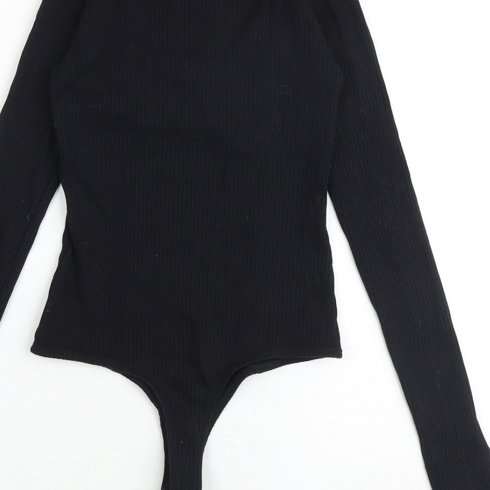 Brand and care label for ASOS women’s black cotton bodysuit one-piece, size UK 6, snap