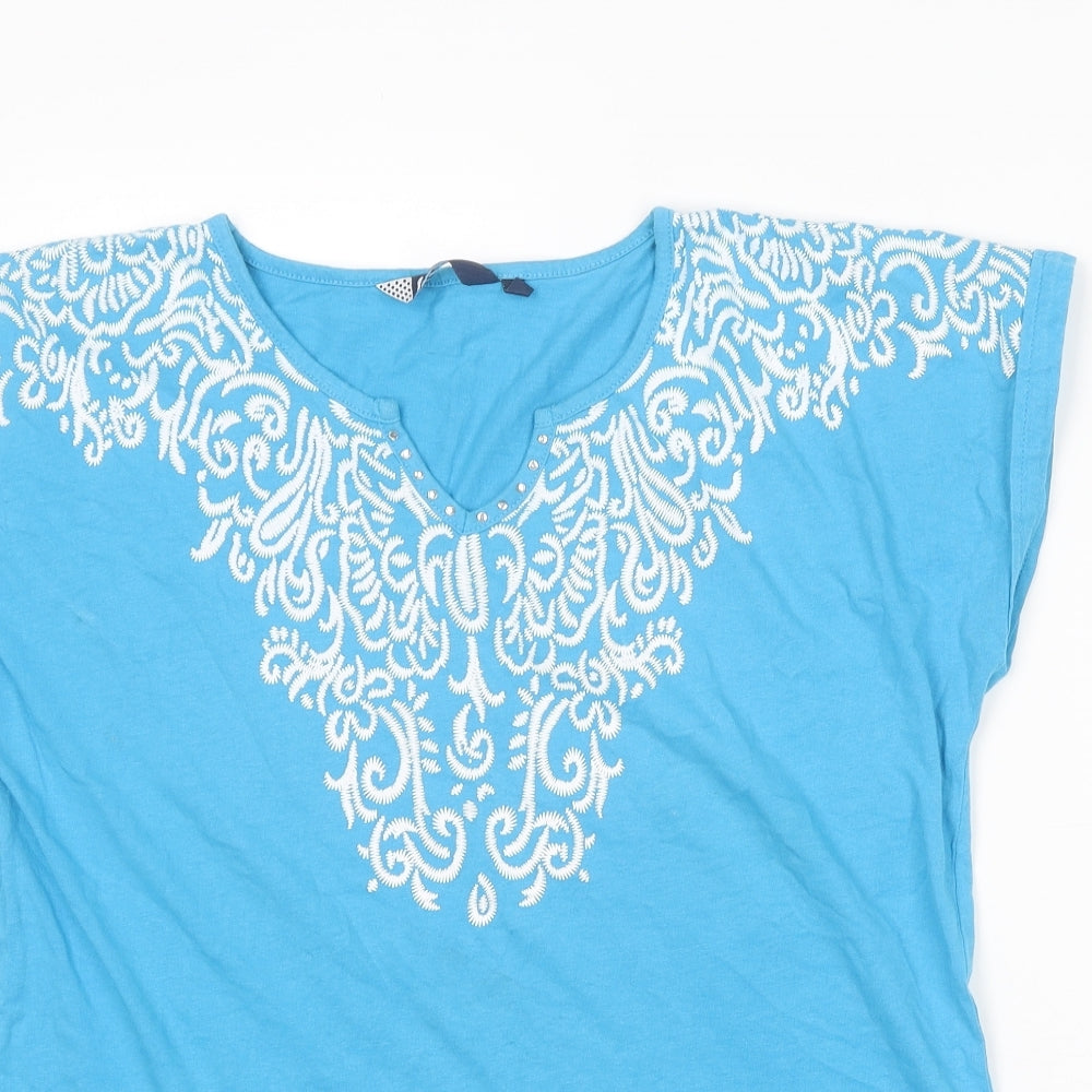 EWM Womens Blue Geometric Cotton Basic T-Shirt Size 14 V-Neck