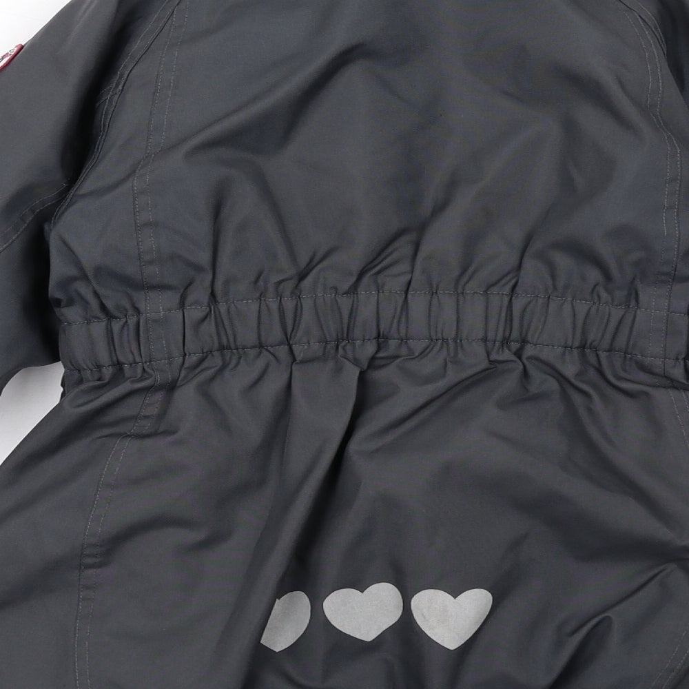 Brand and care label for Racoon girls’ grey jacket, size 8, years zip - heart