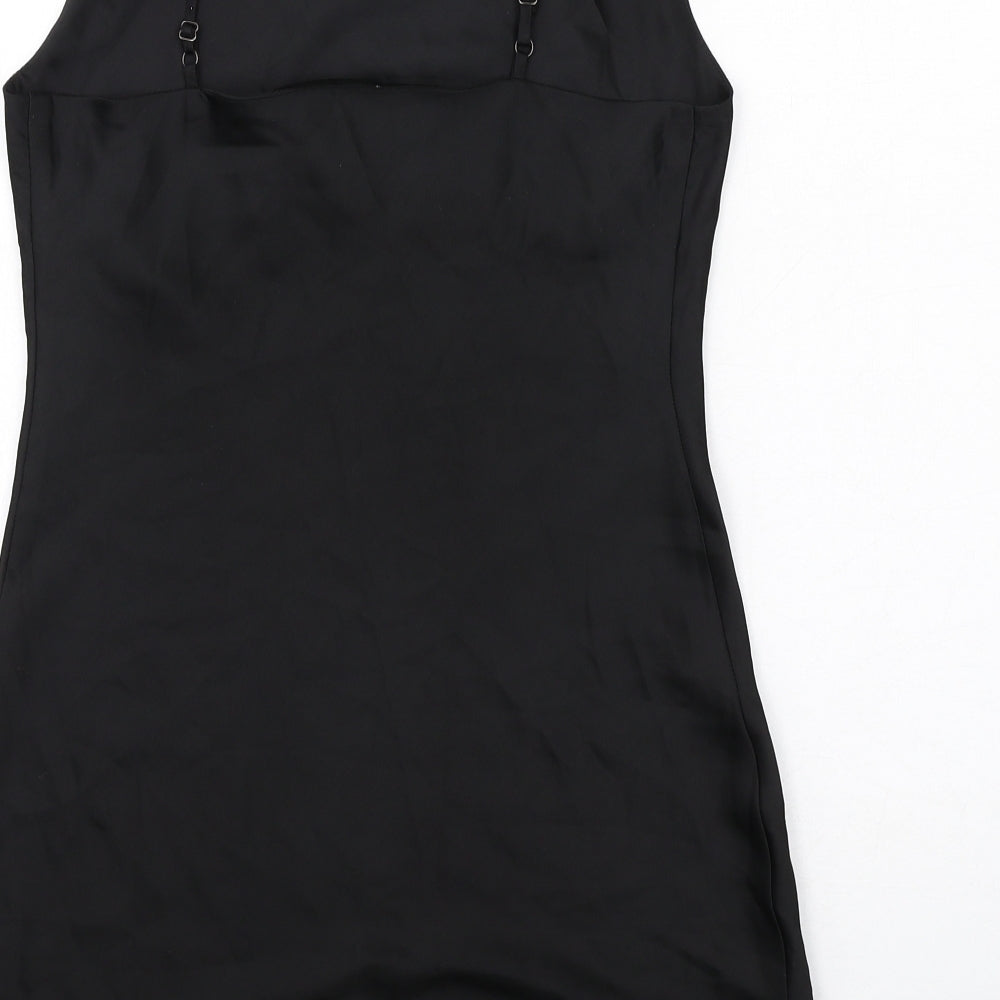 Brand and care label for Miss Selfridge women’s black polyester mini, size UK 8, cowl neck pullover