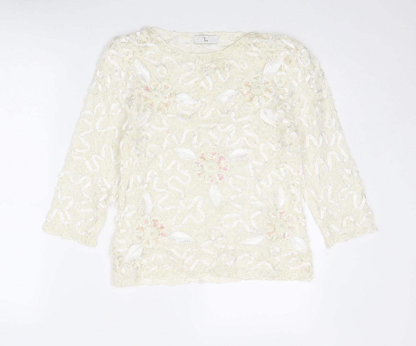 Tia Womens Ivory Polyester Basic Blouse Size 12 Round Neck