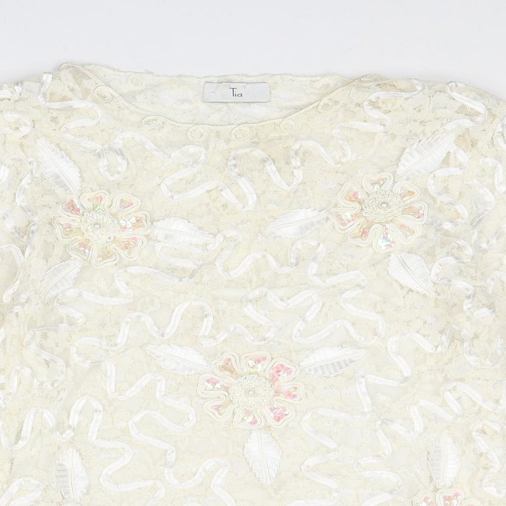 Tia Womens Ivory Polyester Basic Blouse Size 12 Round Neck