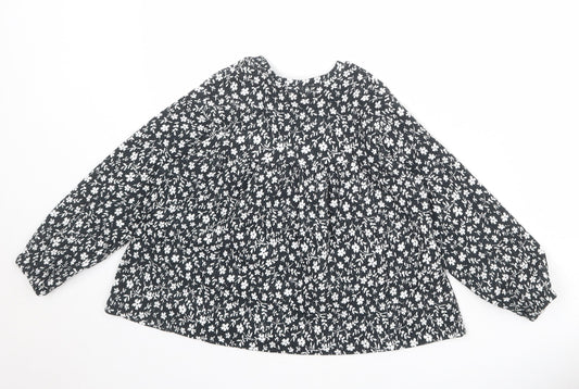 Zara Girls Black Floral Polyester Basic Blouse Size 8 Years Boat Neck Button