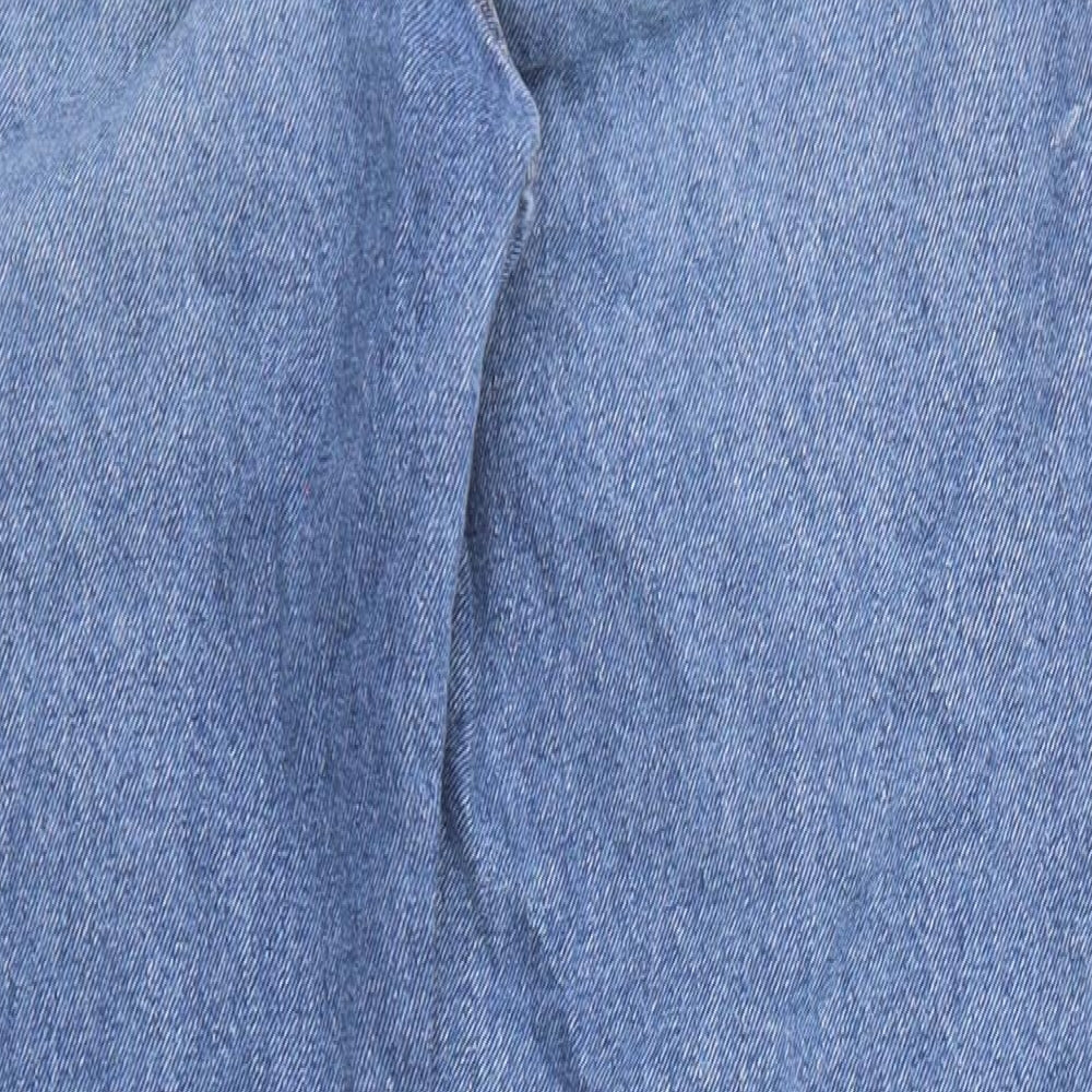 Brand and care label for Denim & Co. women’s blue cotton straight jeans, size UK 8, regular zip