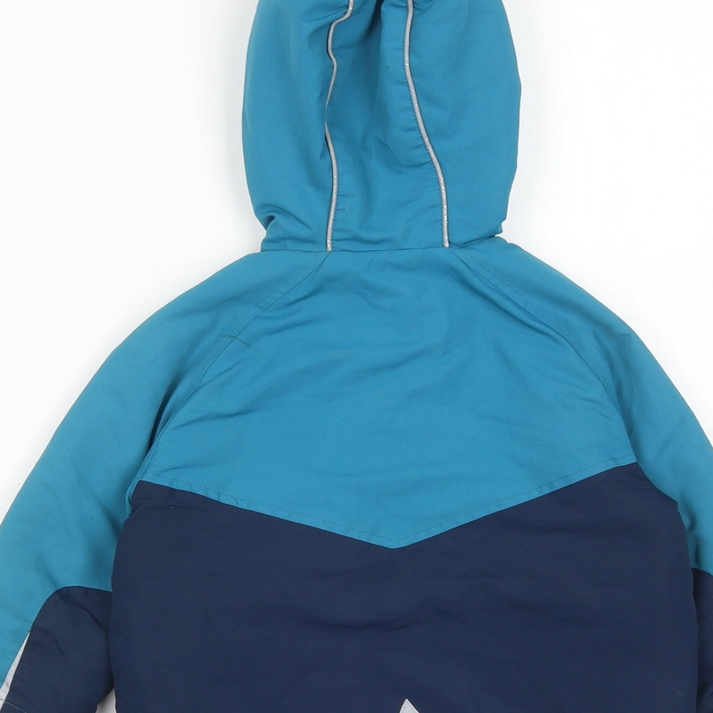 Brand and care label for John Lewis boys’ blue jacket, size 2, years zip