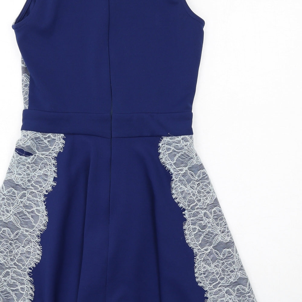 ASOS Womens Blue Polyester Skater Dress Size 12 Round Neck Zip - Lace Details