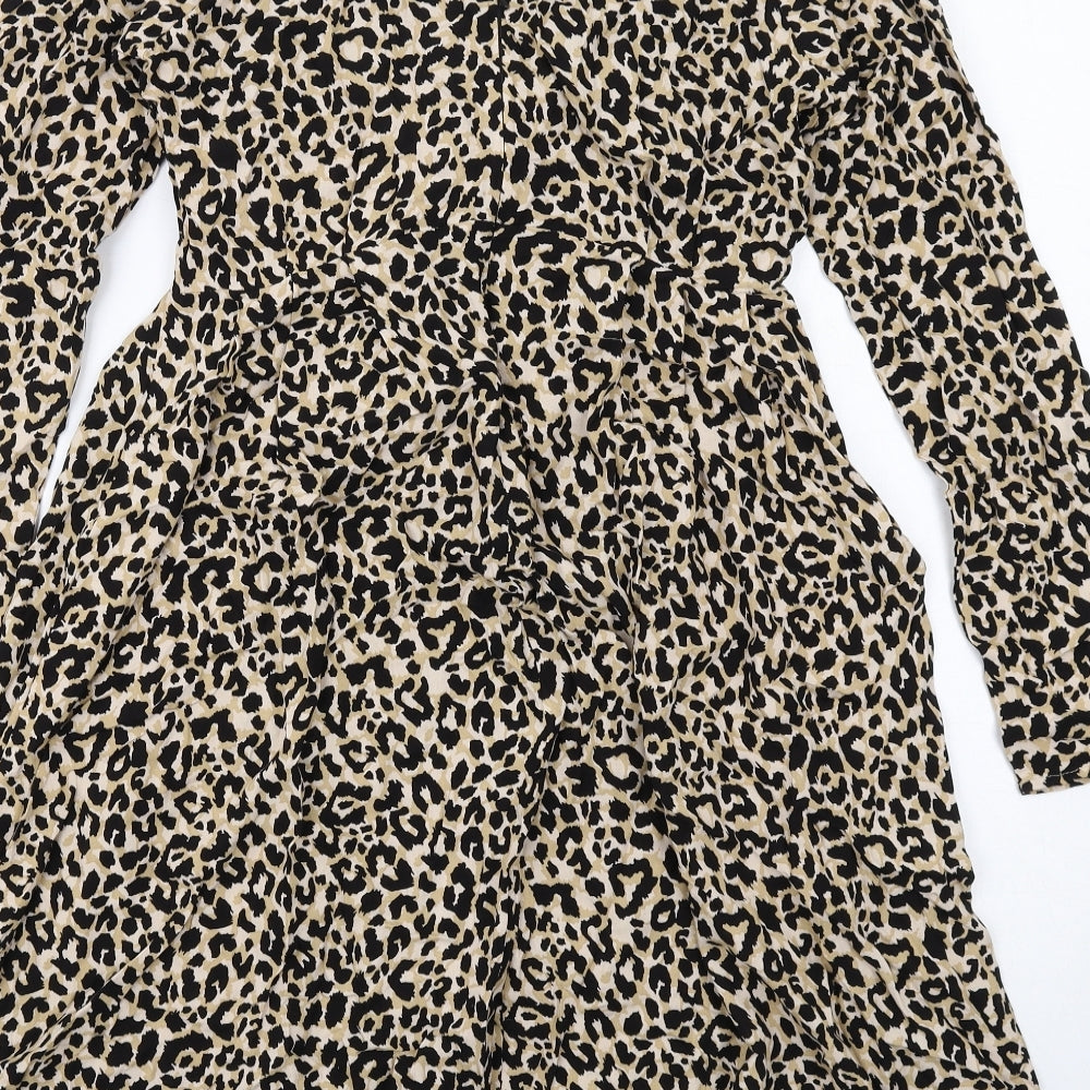 Brand and care label for ASOS women’s beige animal print viscose a-line, round neck zip - leopard print, twist detail